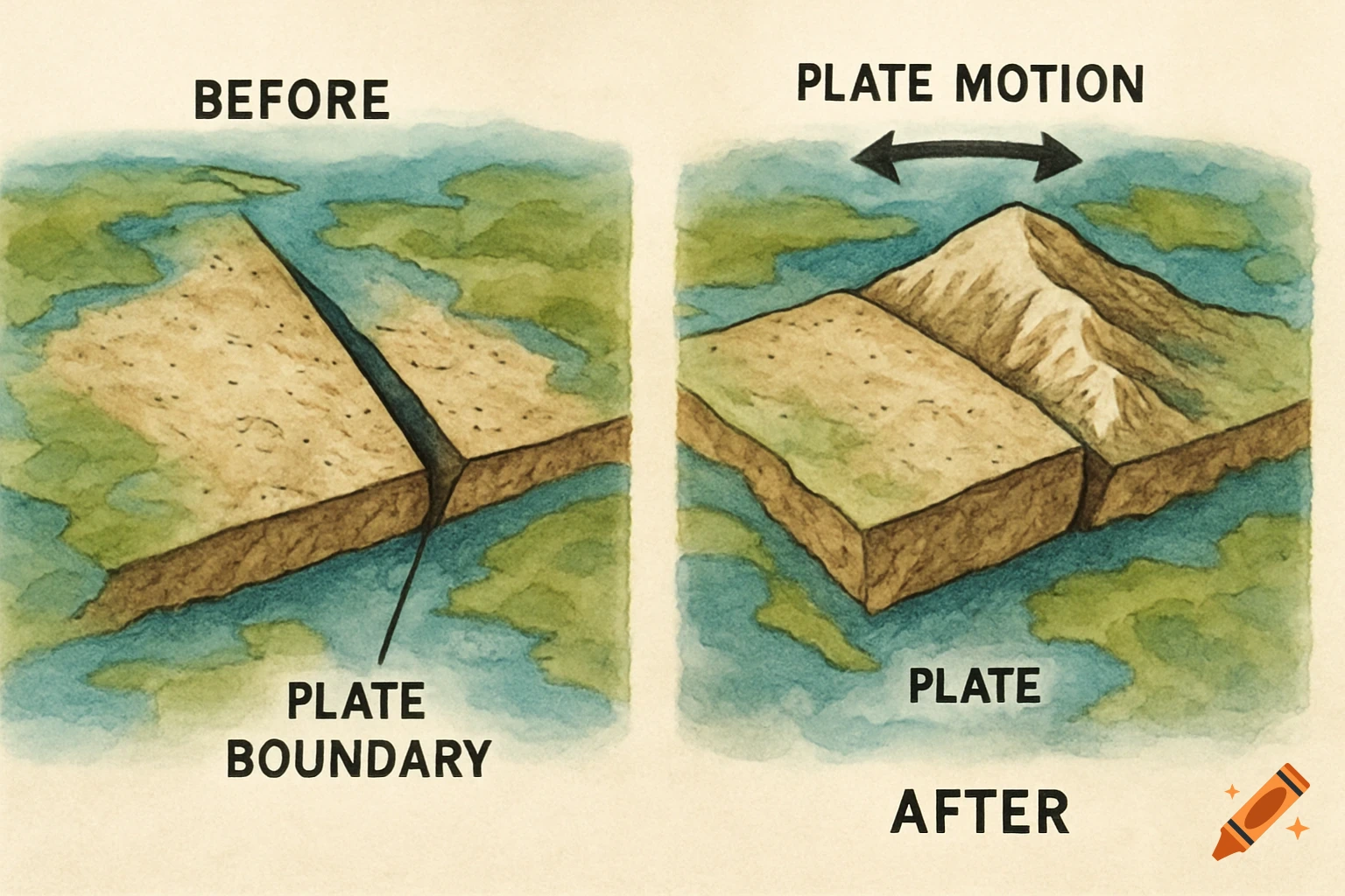 Diagram of tectonic plates before and after motion, showing mountain formation with labels.