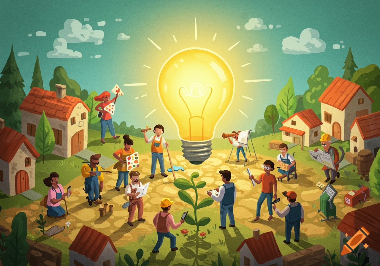 Illustration of diverse people in a village collaborating around a giant lightbulb.