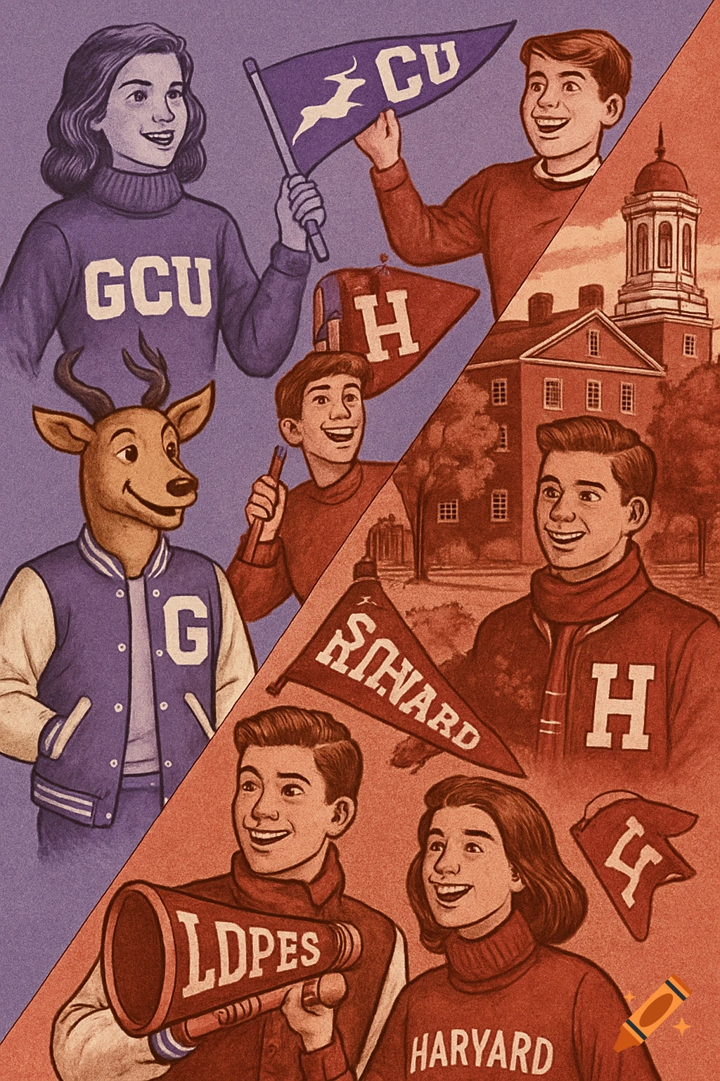 Retro illustration split image: purple GCU students & mascot, red Harvard students & building.