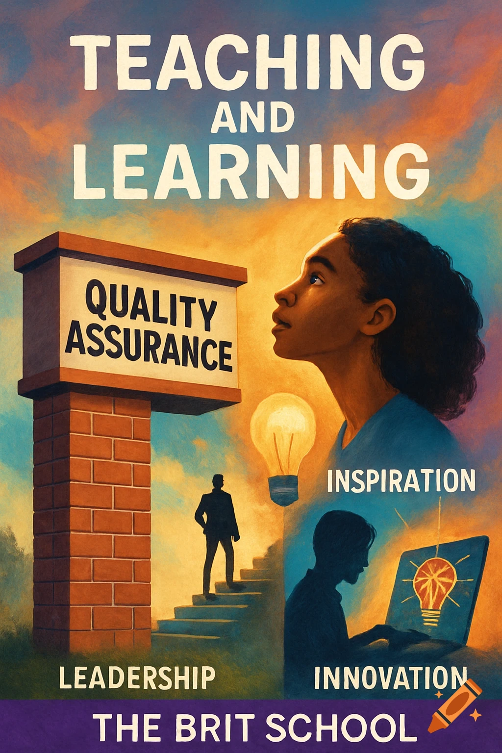 Illustrative poster with text 'Teaching and Learning', figures, lightbulb, stairs, laptop, and text 'Quality Assurance', 'Inspiration', 'Leadership', 'Innovation', 'The BRIT School'.