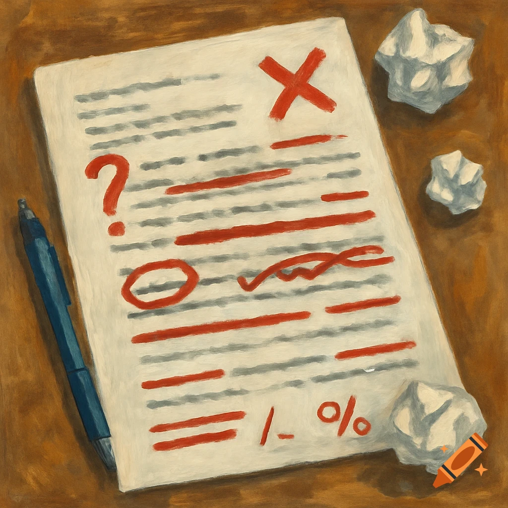A document with red correction marks, a pen, and crumpled paper balls on a table.