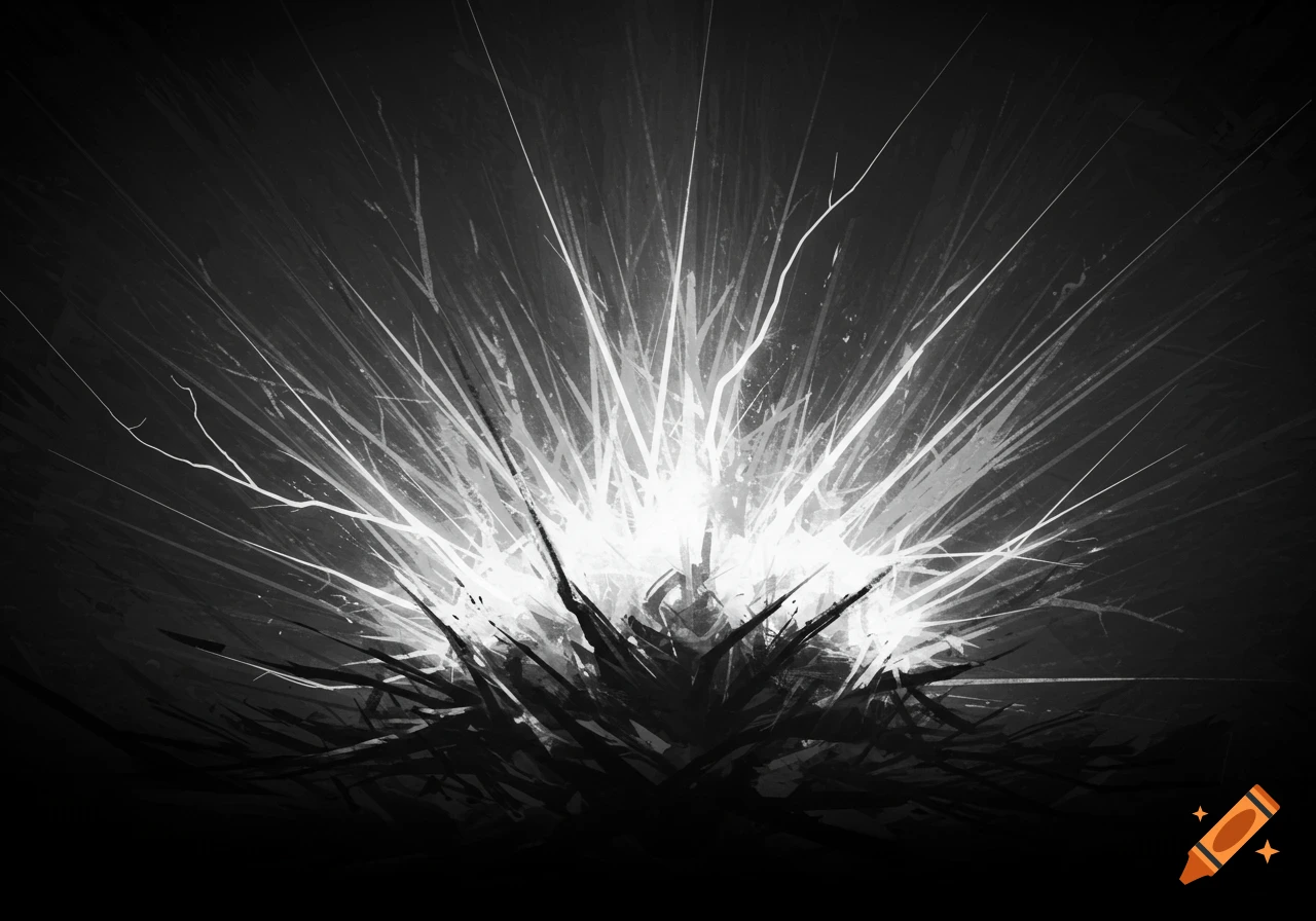 Abstract black and white image with a bright burst of light radiating outwards from the center.