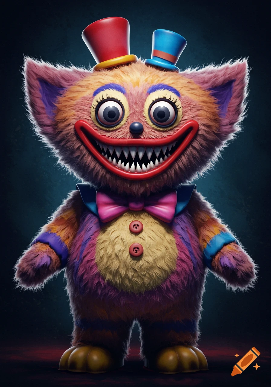 Colorful fluffy mascot horror creature with sharp teeth, wearing a clown suit and hats.