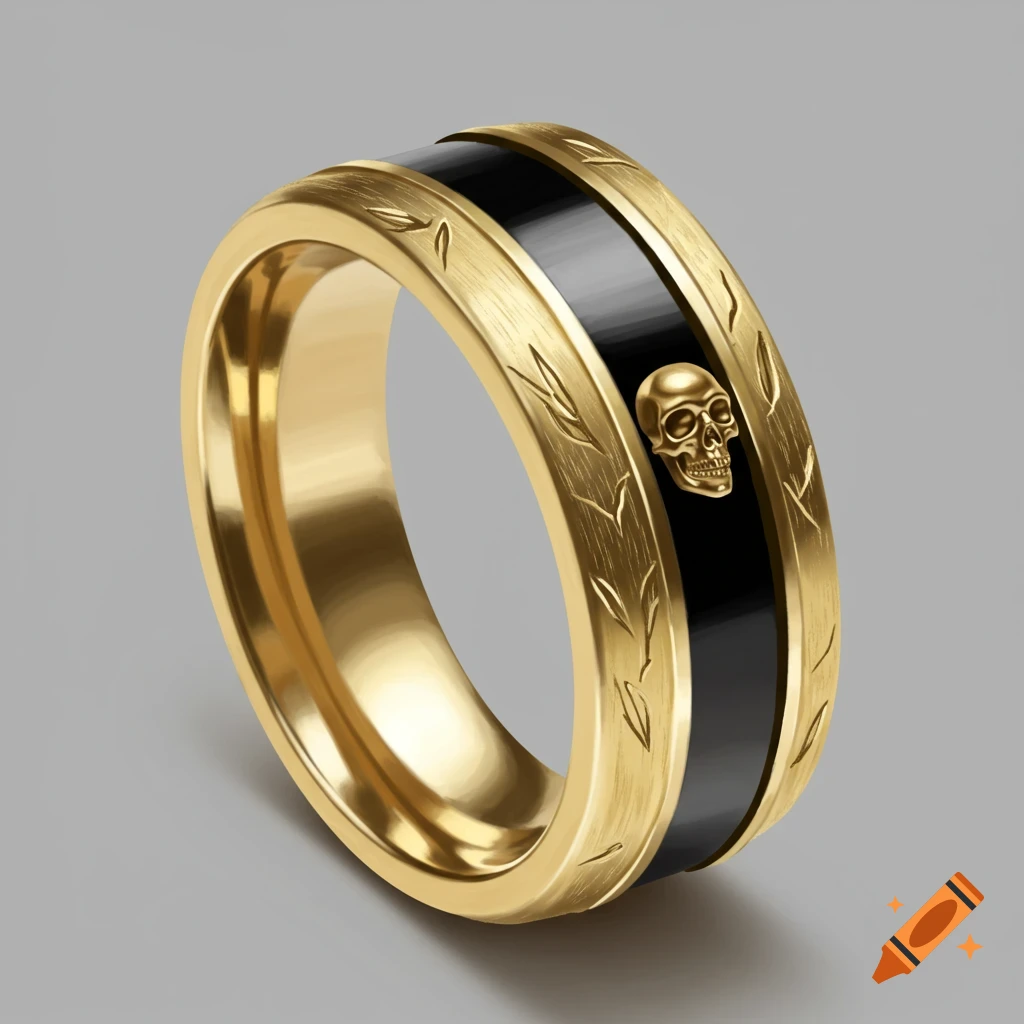 A gold ring with a black band featuring a gold skull and leaf carvings.