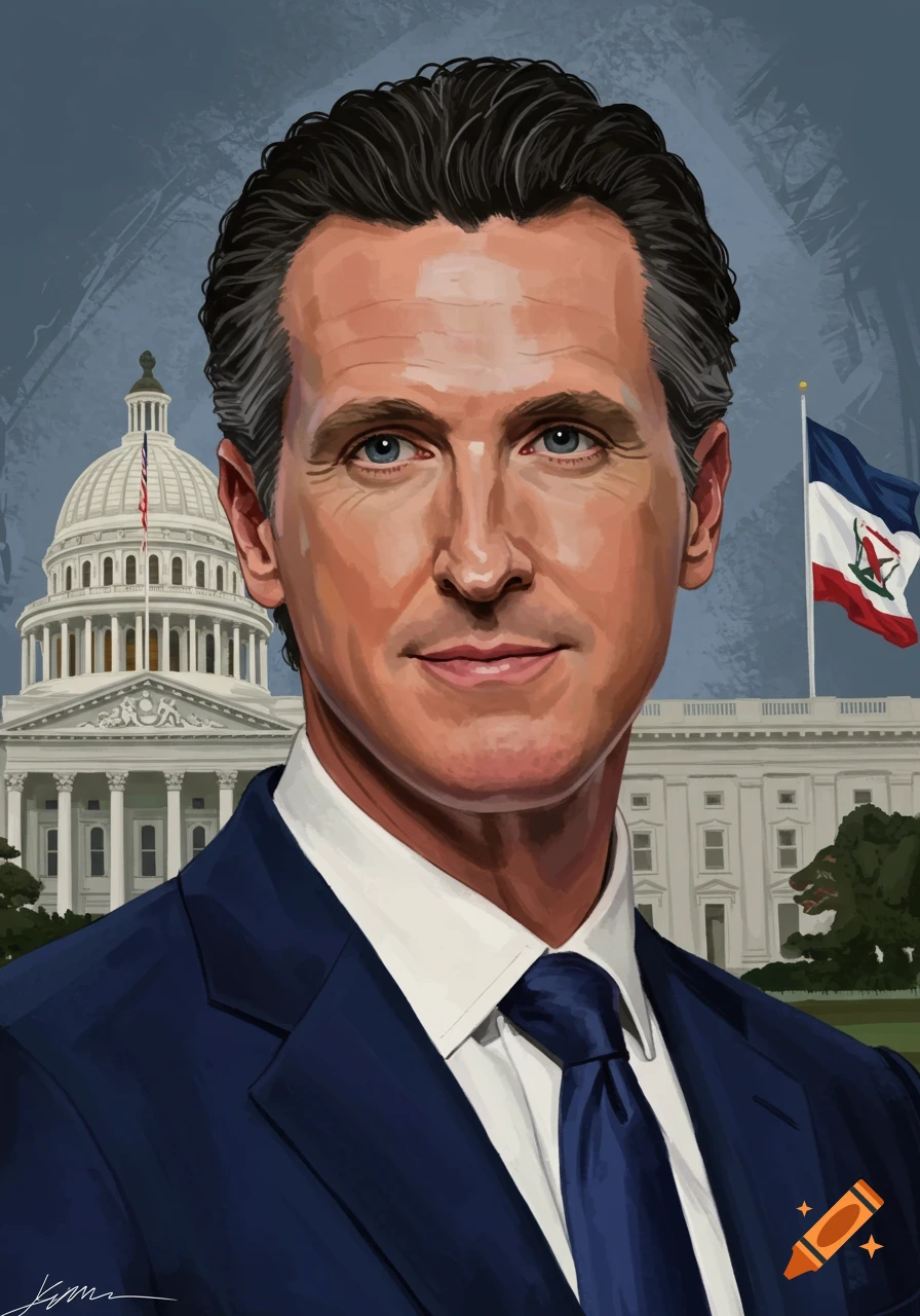 Illustration of a man in a suit in front of a capitol building and flag