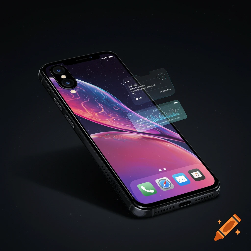 Futuristic smartphone with holographic UI overlays and a vibrant wallpaper.