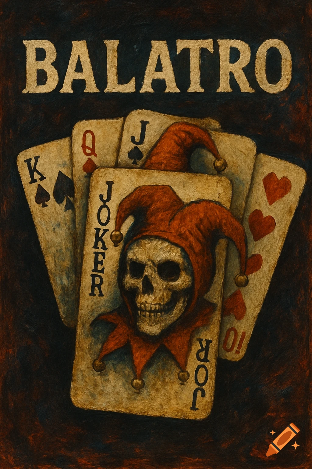 Dark painting of Balatro title above playing cards, including a skull Joker in a jester hat.