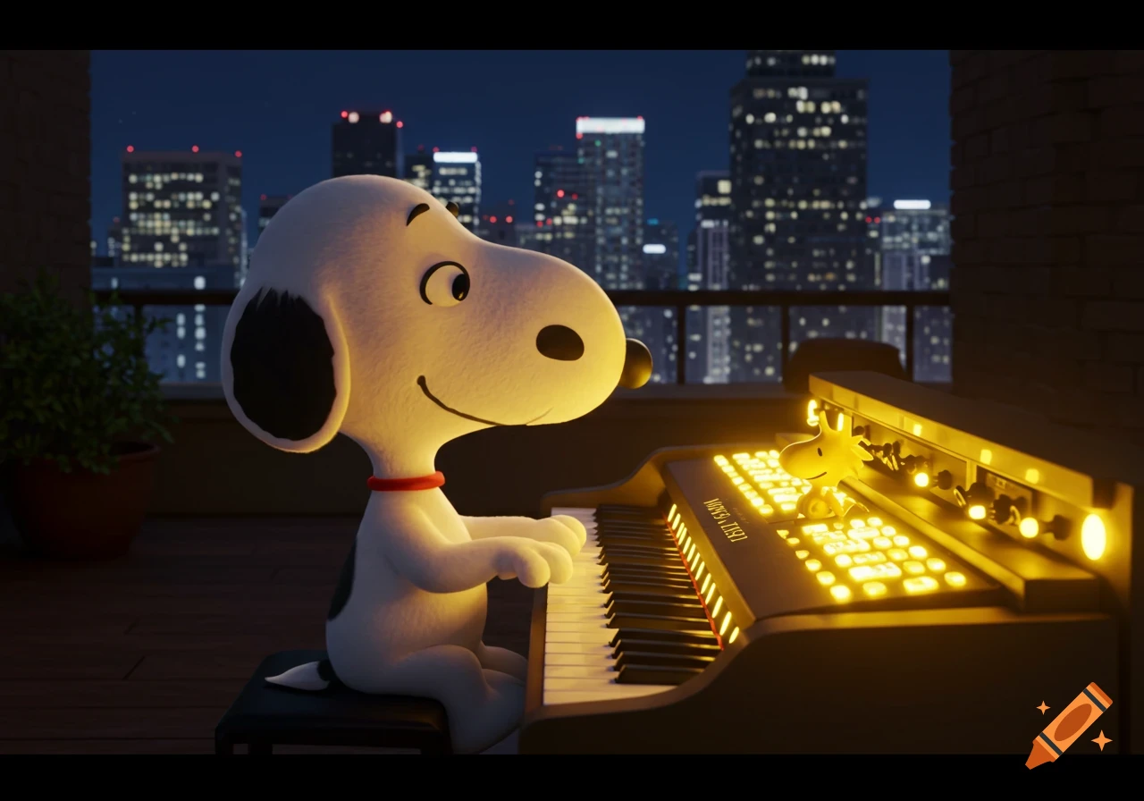 Snoopy plays a piano on a rooftop at night with city lights in the background.