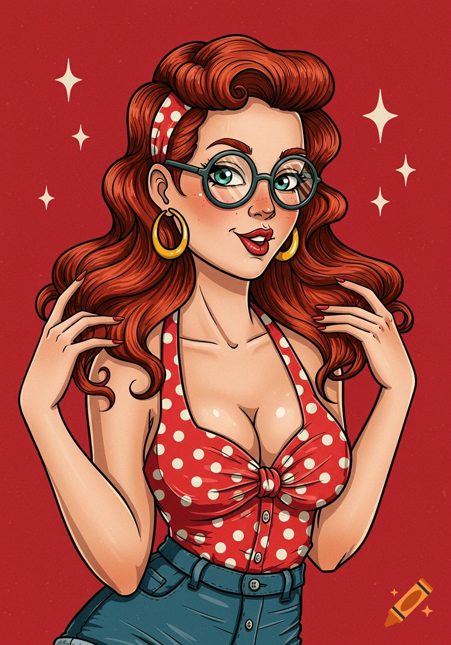 Illustrated pinup woman with red hair, glasses, polka dot top, and denim shorts.
