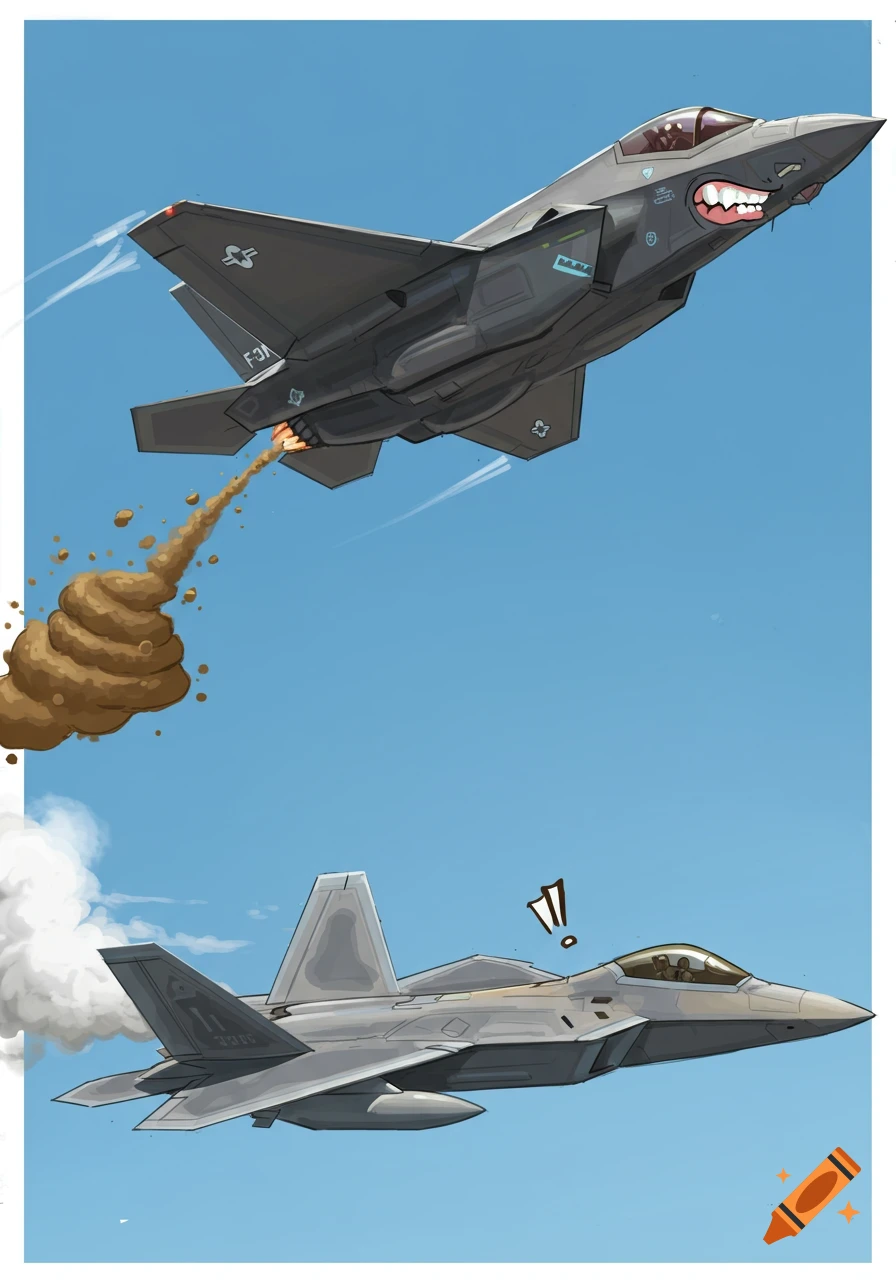 Cartoon F-35 fighter jet pooping on an F-22 jet in the sky.
