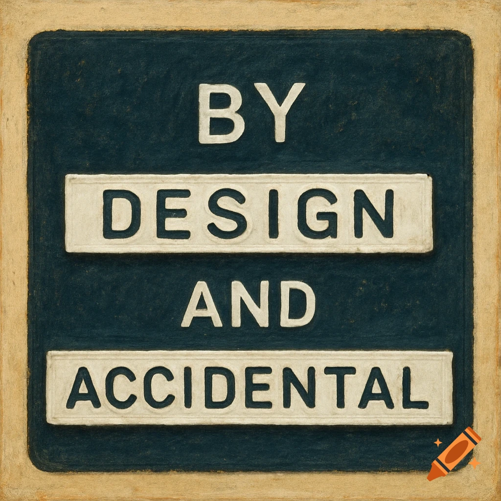 A retro label maker label with the text "BY DESIGN AND ACCIDENTAL" on a dark background with a beige border.