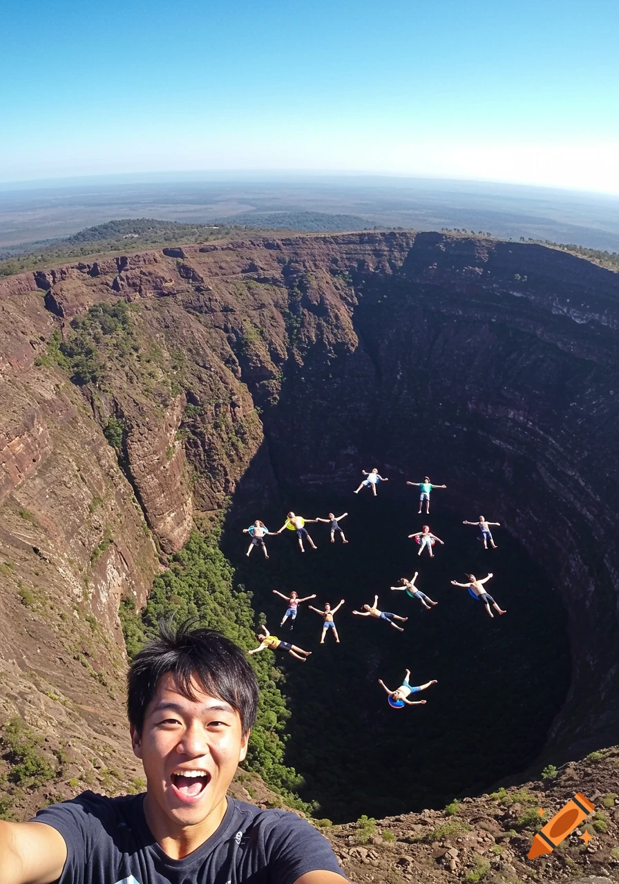 A man takes a selfie from the edge of a crater while people freefall into the depth below.
