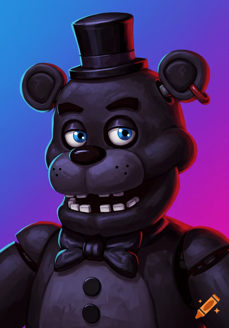 Painted portrait of Freddy Fazbear against a purple and blue gradient background.