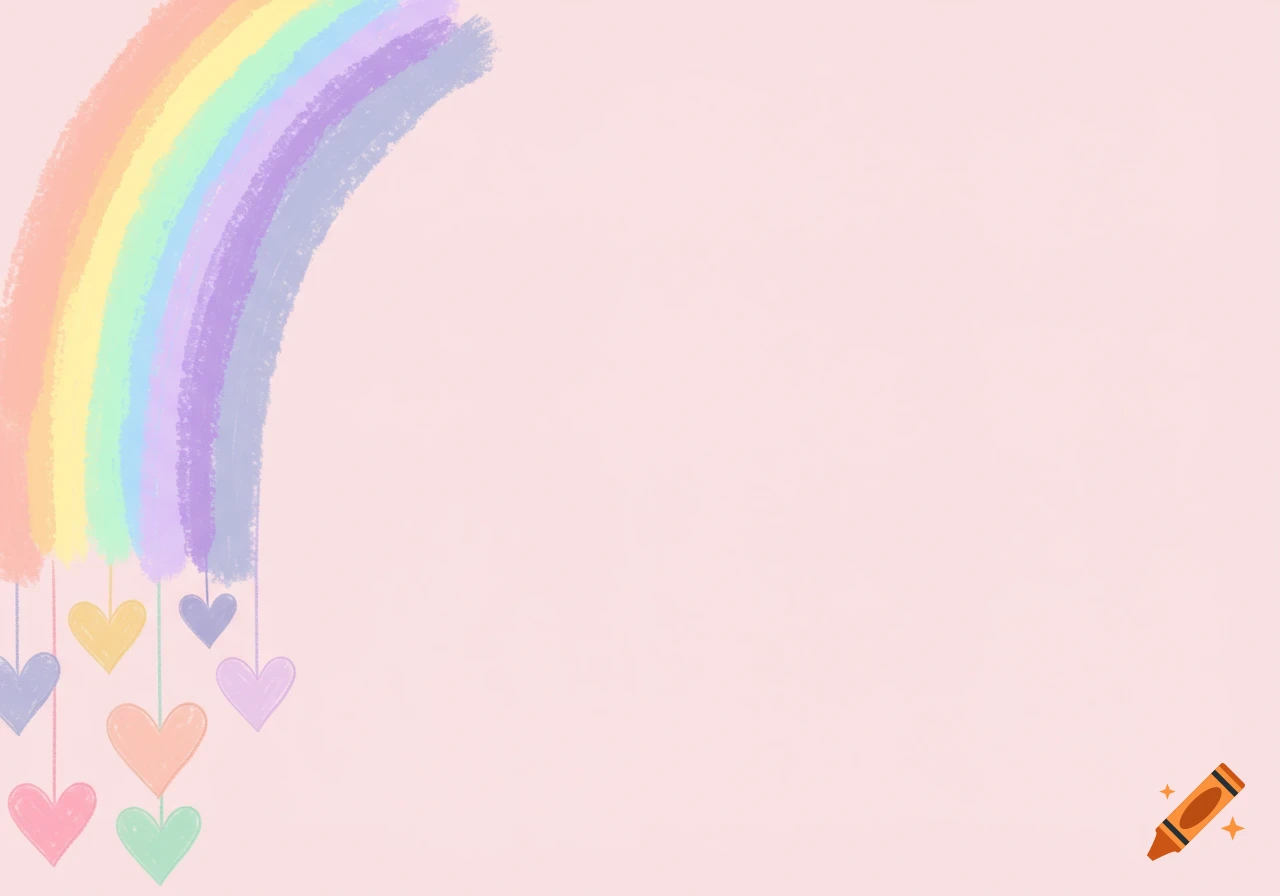 Pastel rainbow with hanging hearts on a pink background.
