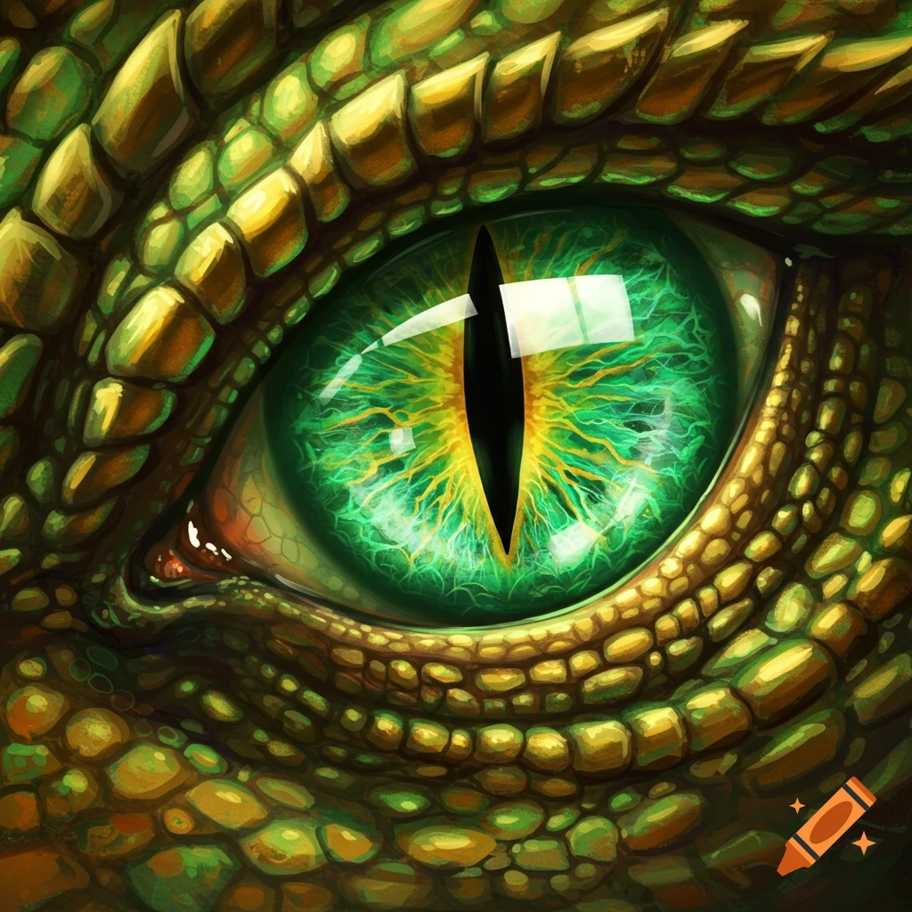 Close-up of a green dragon eye with detailed scales in a painterly style.