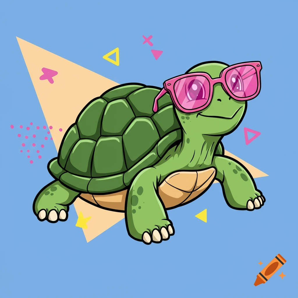Cartoon turtle wearing pink sunglasses with retro shapes in the background