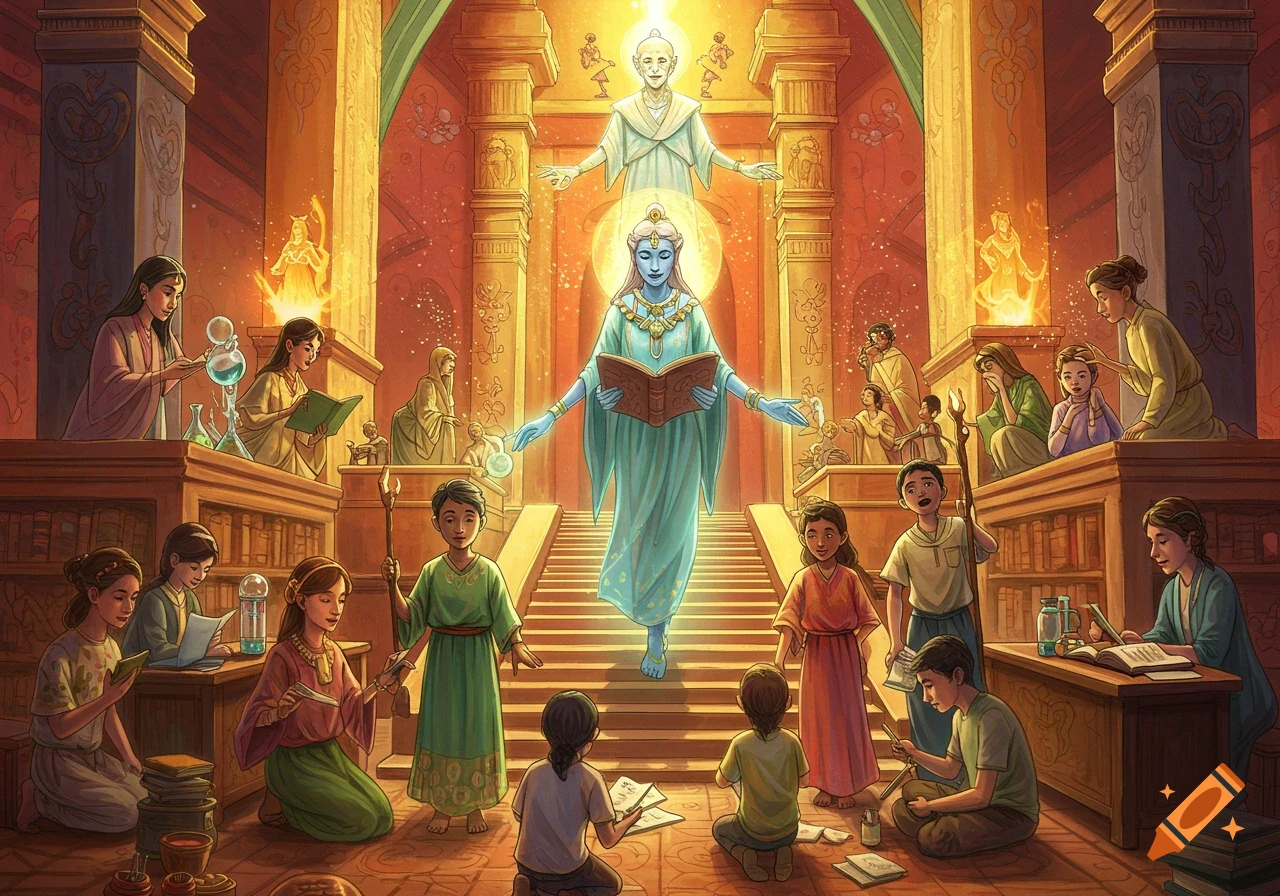 A glowing figure teaches in a fantastical temple hall filled with people learning.
