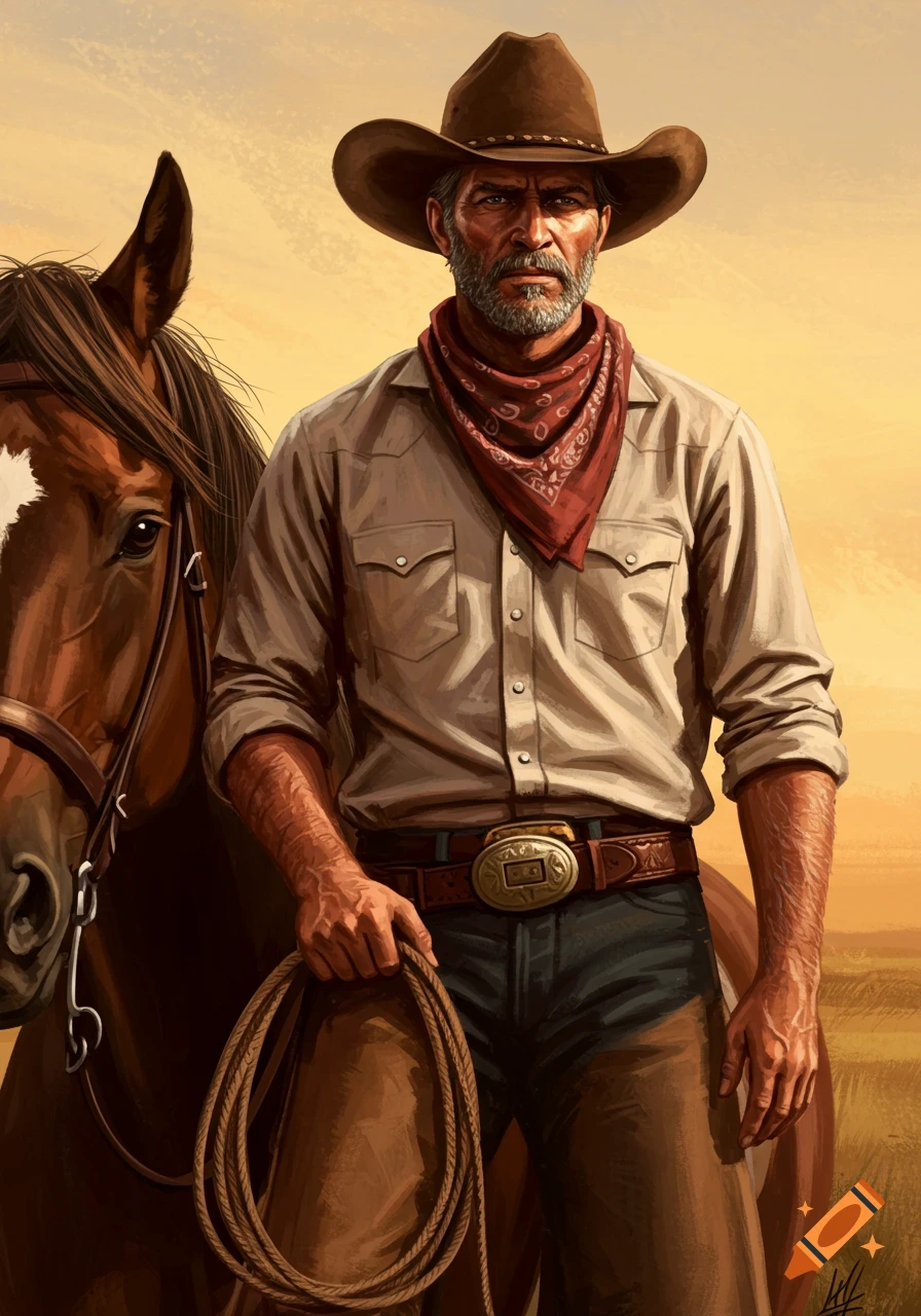 Digital painting of a rugged cowboy standing next to his horse.