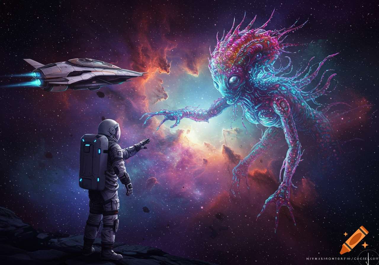 Astronaut meets a large, colorful alien in deep space with a spaceship nearby.