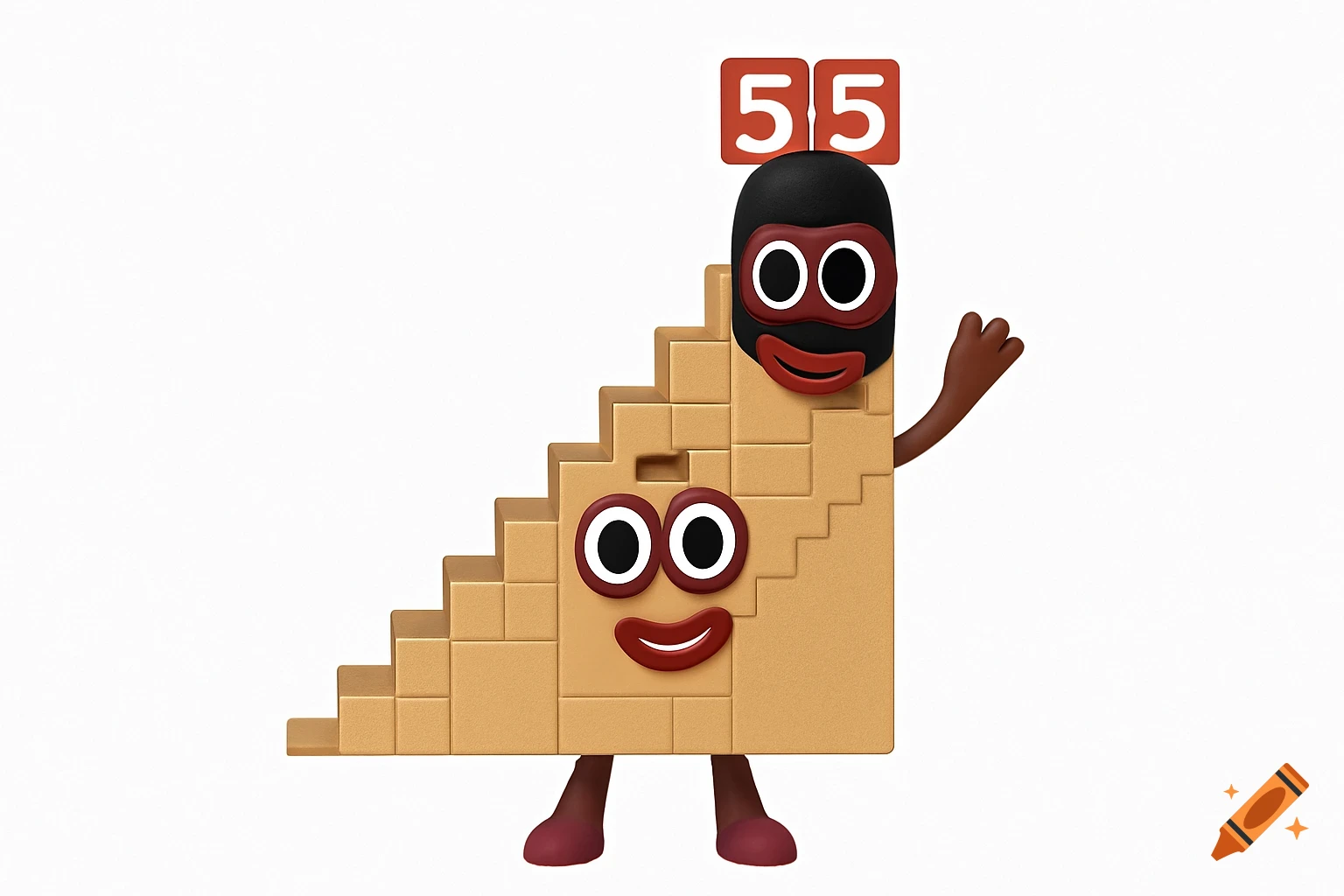 A number block character resembling stairs with a 55 block head wearing a mask and another character in its chest.