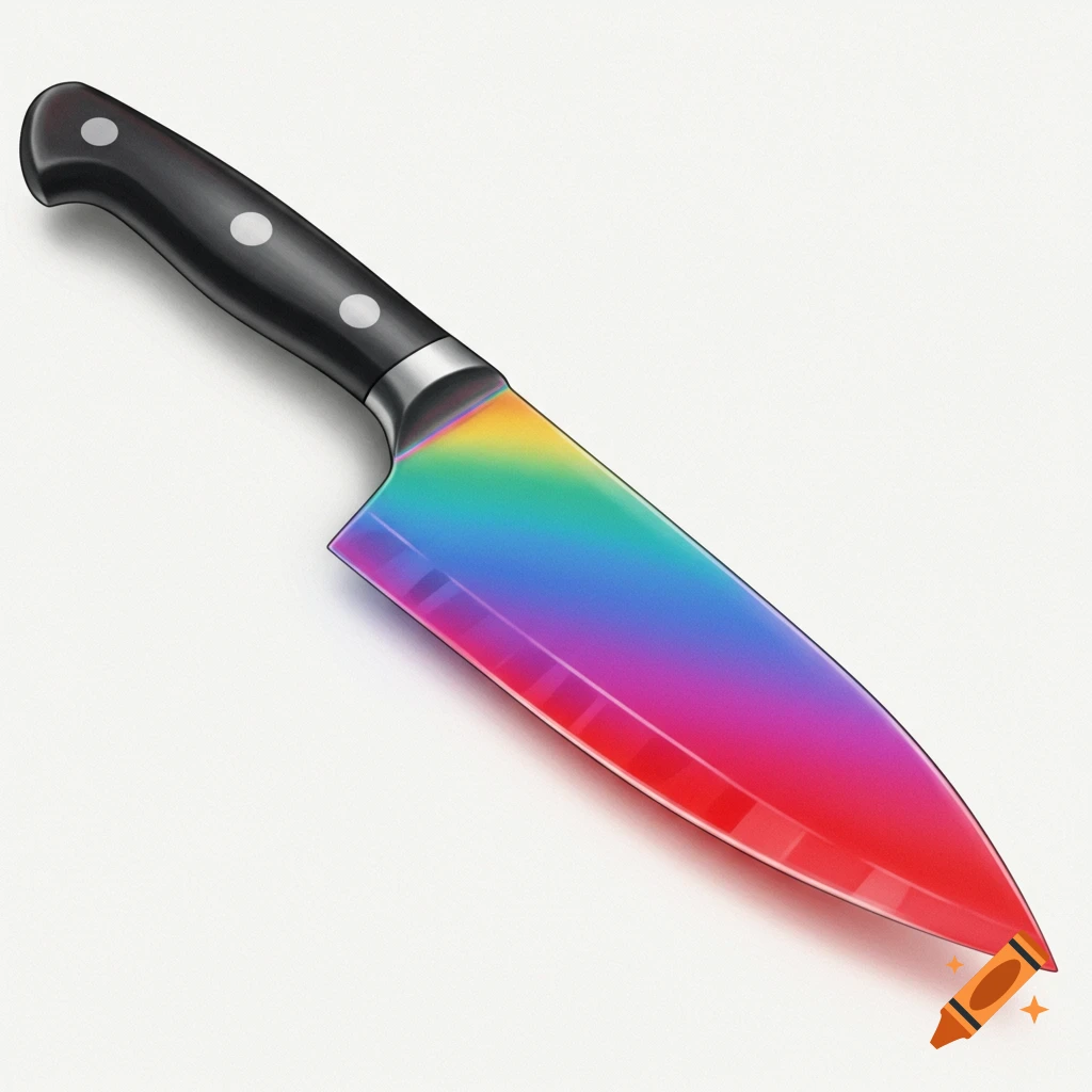 A kitchen knife with a rainbow colored blade on a white background.