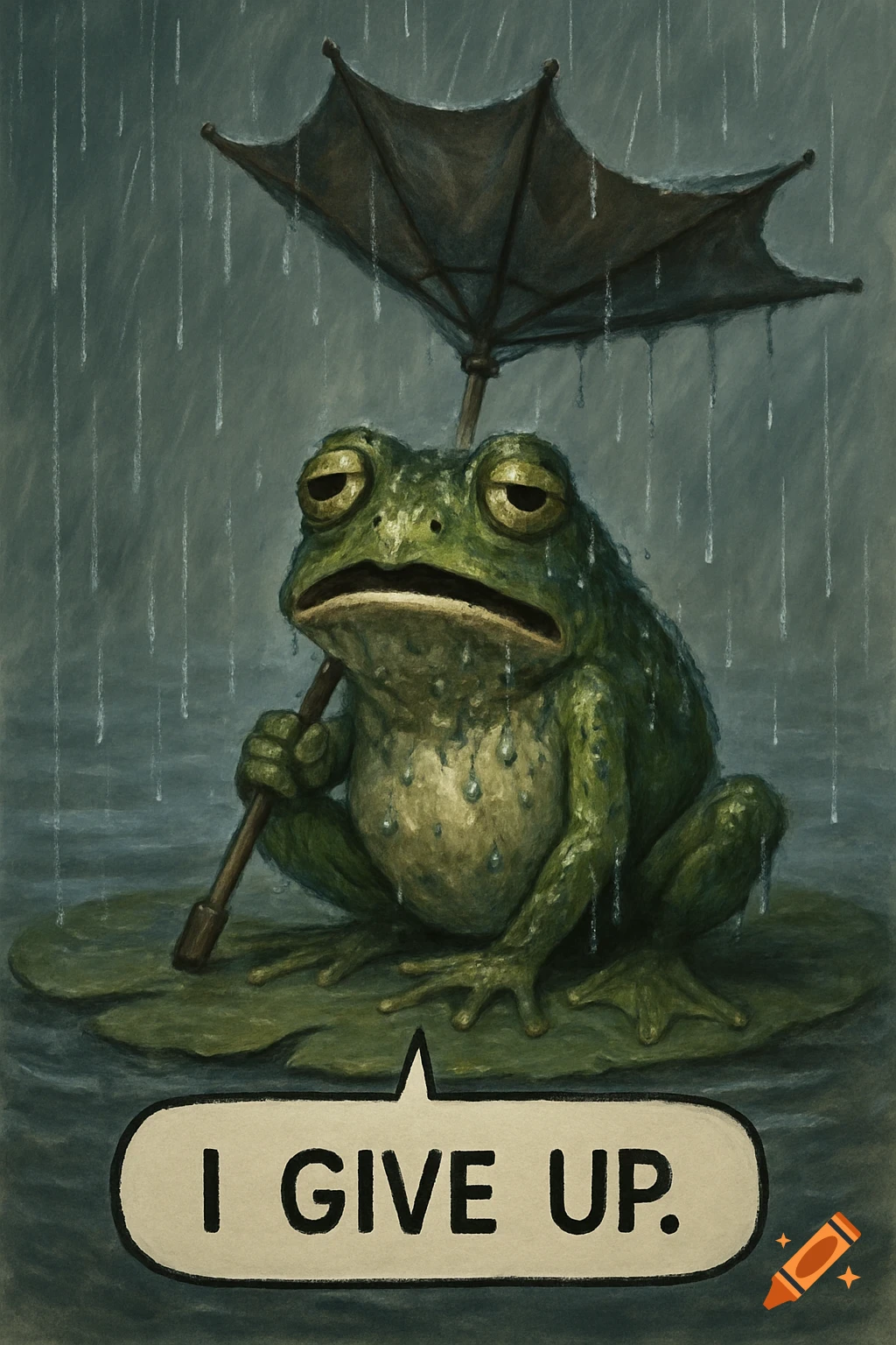A sad frog holding an inside-out umbrella in the rain, with a speech bubble saying 'I GIVE UP.' Painted style.