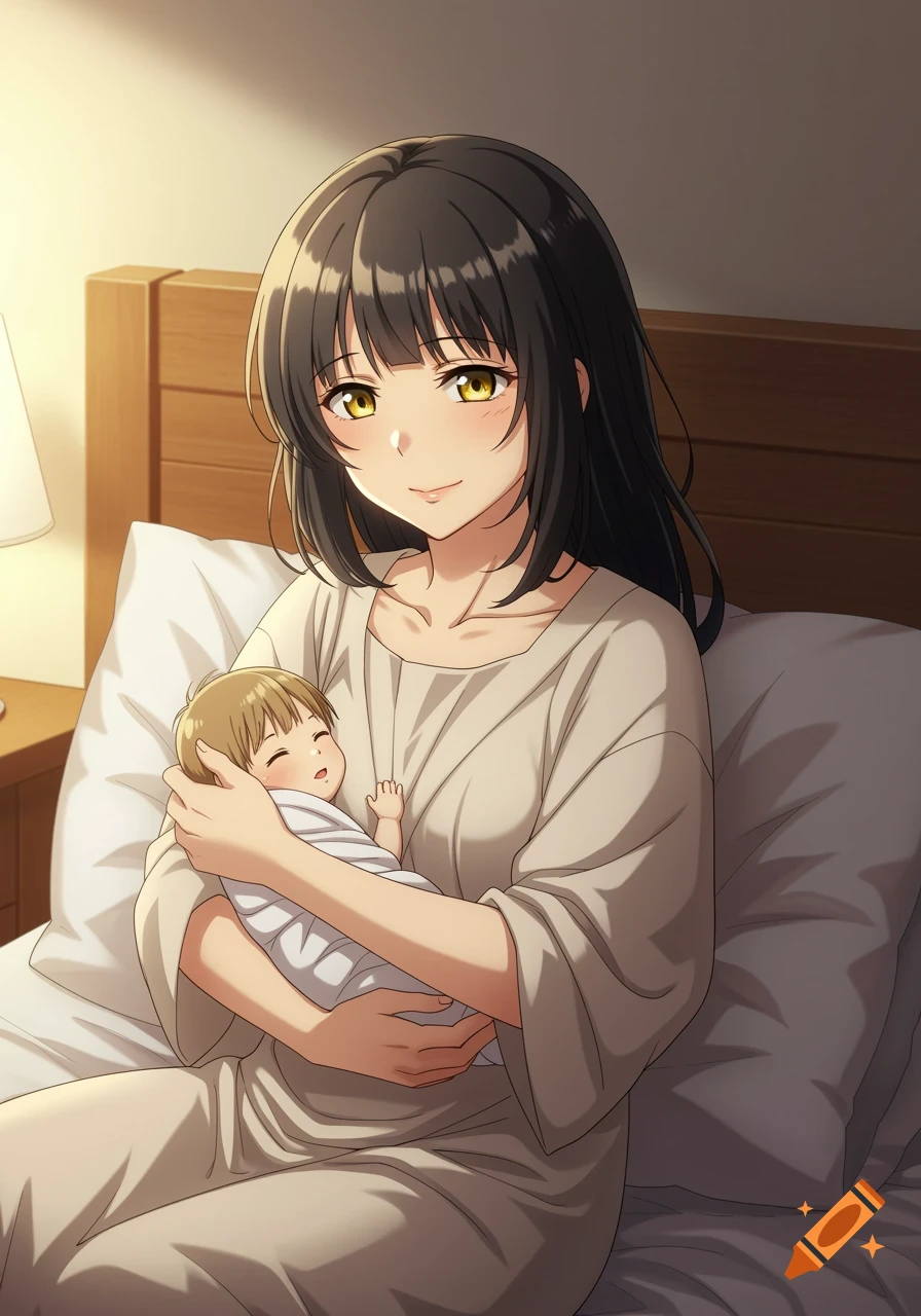 Anime woman holds a swaddled baby in bed with warm lighting.