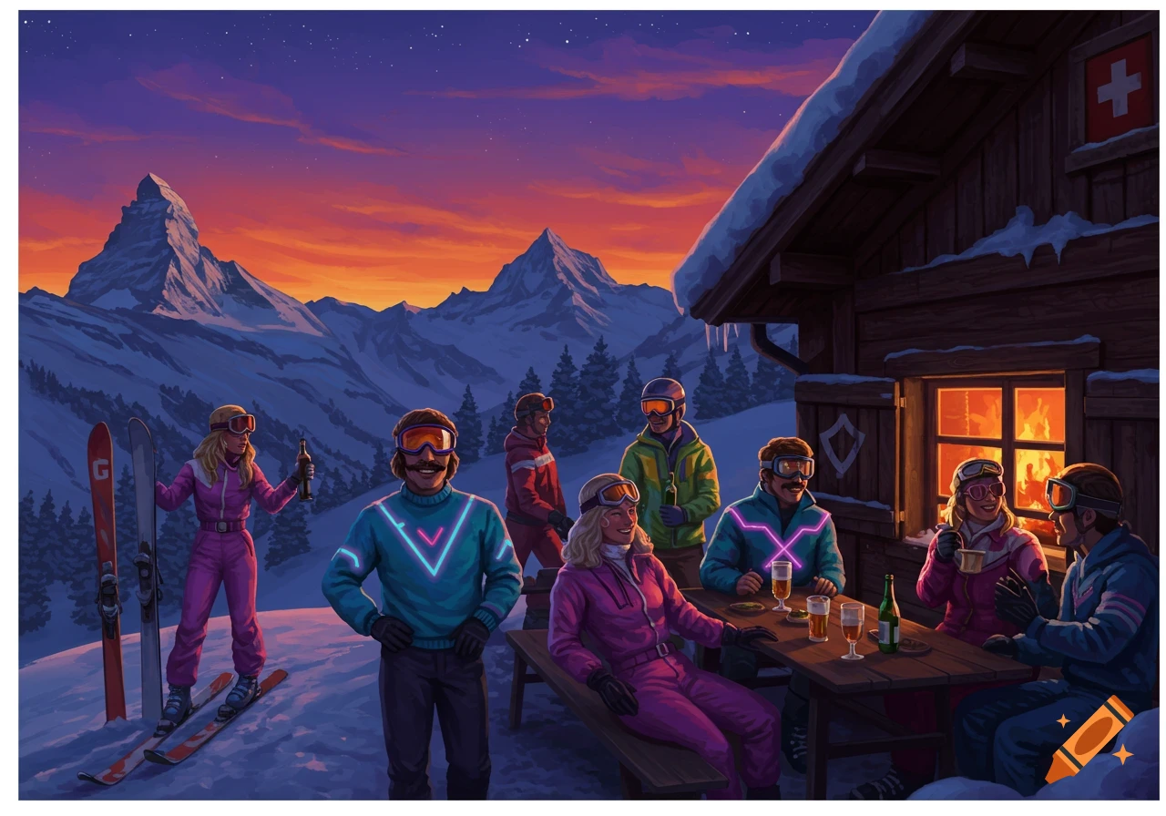 Illustration of people in 80s ski gear outside a mountain cabin at sunset.