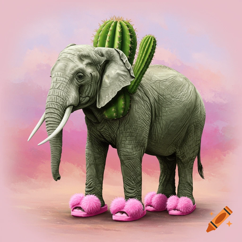 An elephant wearing pink fluffy slippers and carrying two cacti on its back against a pink background.