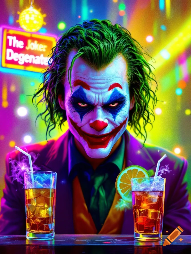 The Joker sits at a neon bar with two drinks, surrounded by bright disco lights.