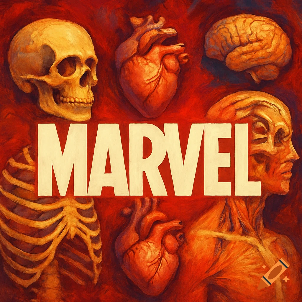 Painterly image of anatomical parts including a skull, heart, and brain surrounding the large word MARVEL.