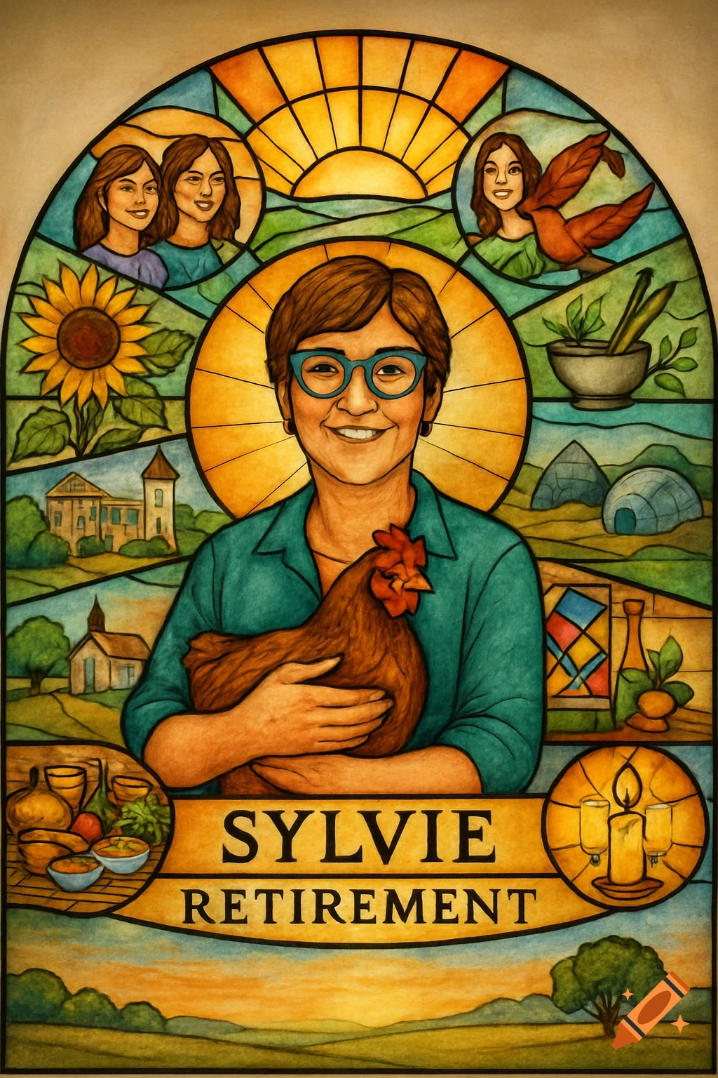 Stained glass portrait of a woman holding a chicken, surrounded by landscape and symbols, with text 'SYLVIE RETIREMENT'.