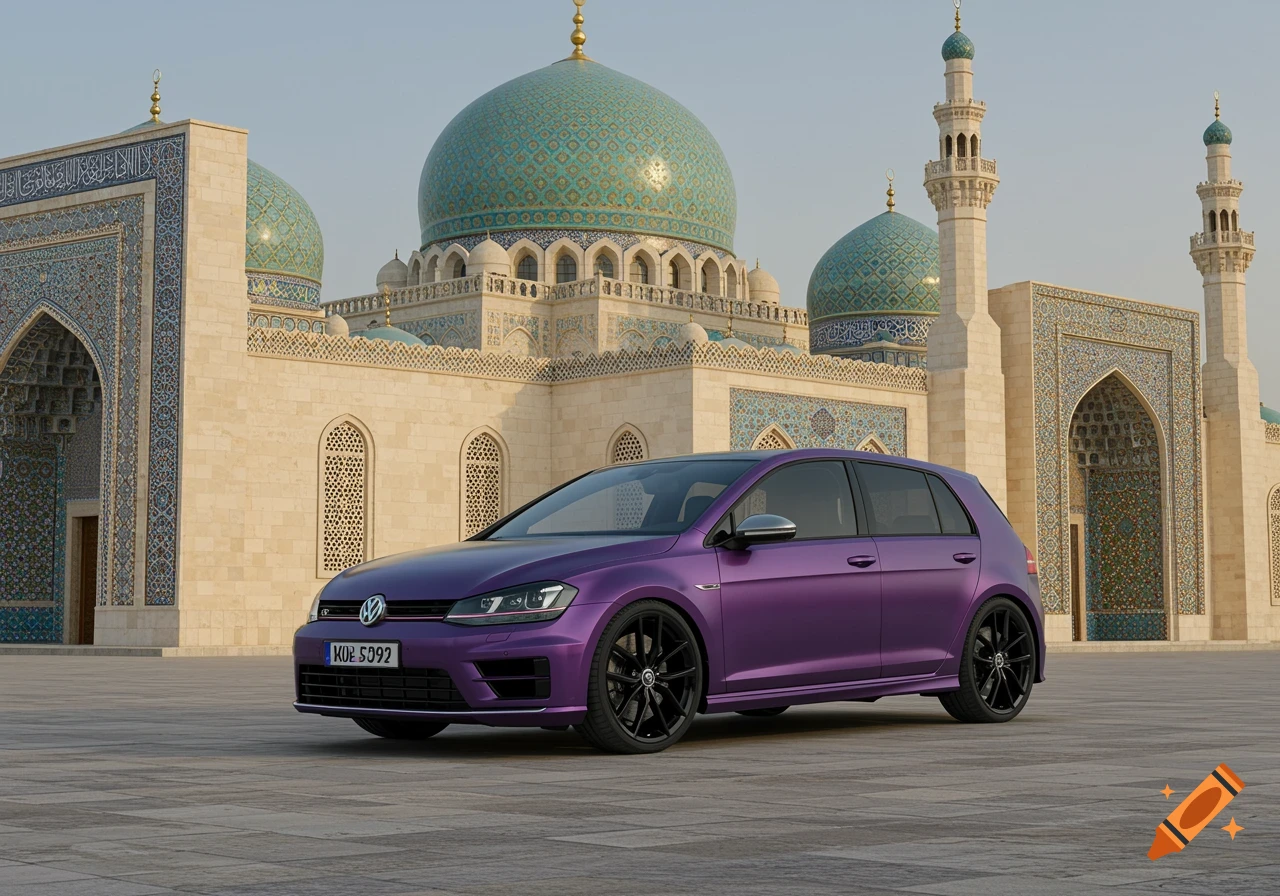 Purple Volkswagen Golf R parked in front of an elaborate mosque.