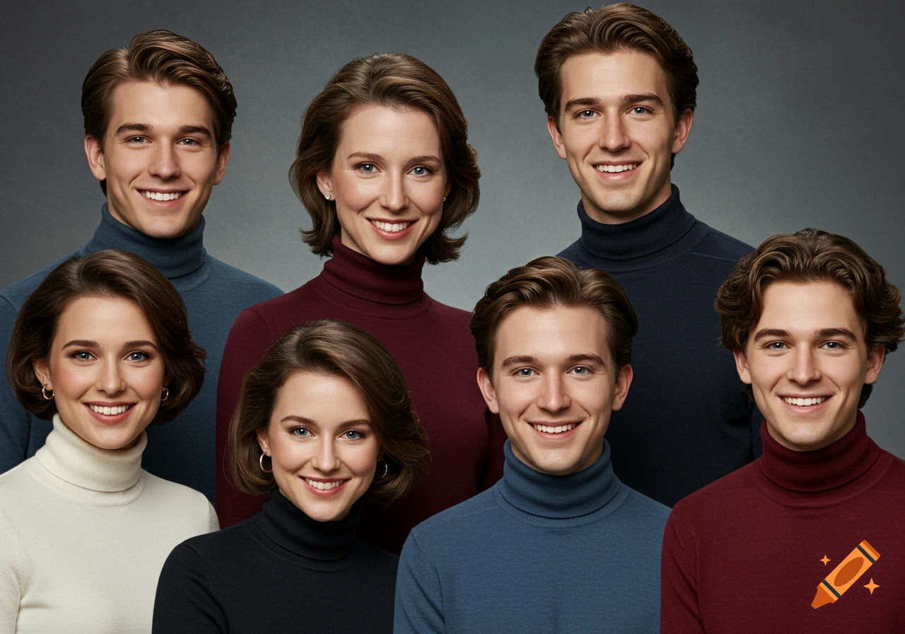Group portrait of smiling adults in turtlenecks