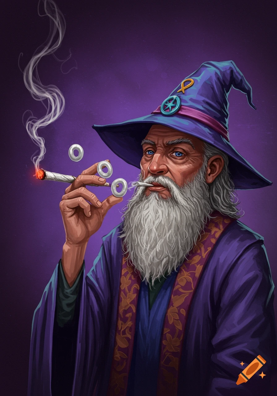 An illustration of an old wizard with a white beard wearing a purple robe and hat, smoking a joint and blowing smoke rings.