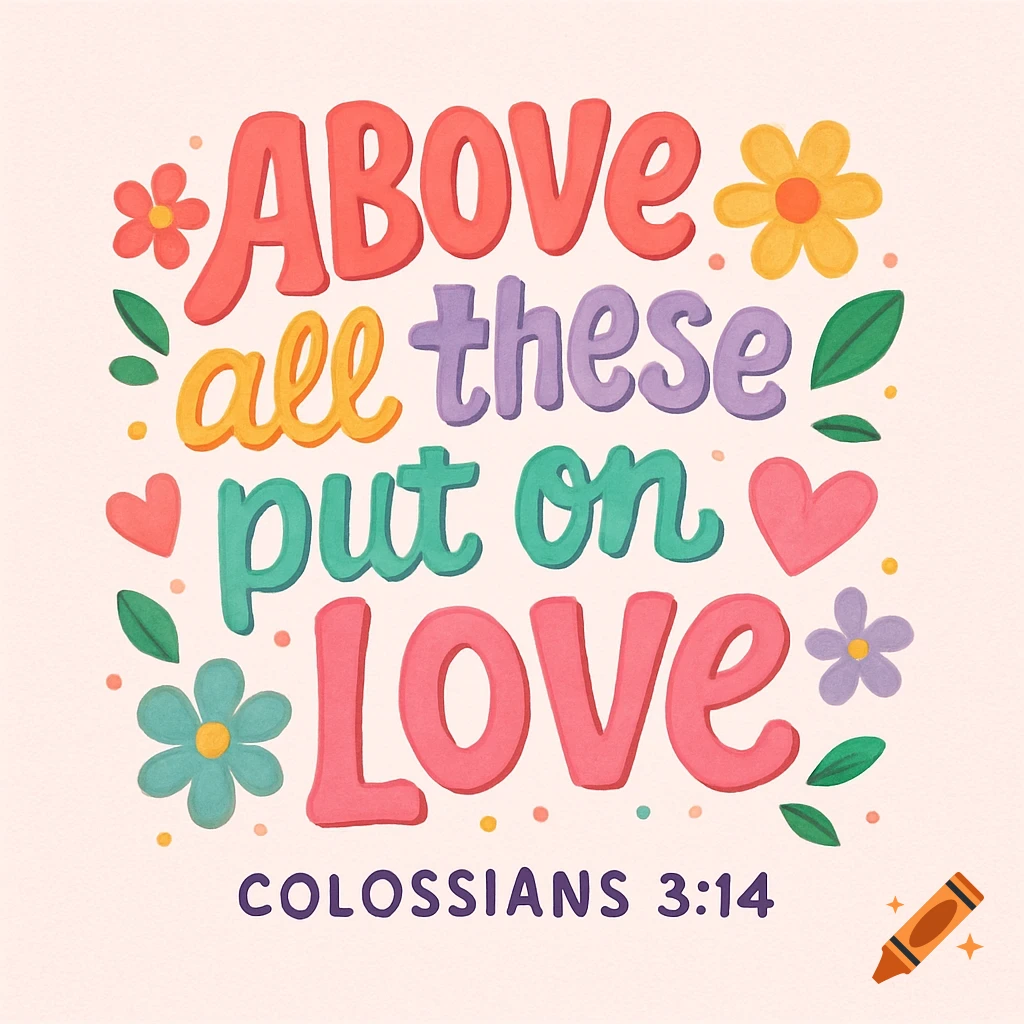 Colorful quote art with flowers and hearts reads 'Above all these put on love, Colossians 3:14'.