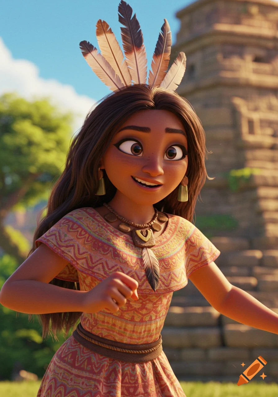Animated character Chel from Road to El Dorado wearing a feather headpiece and patterned dress.