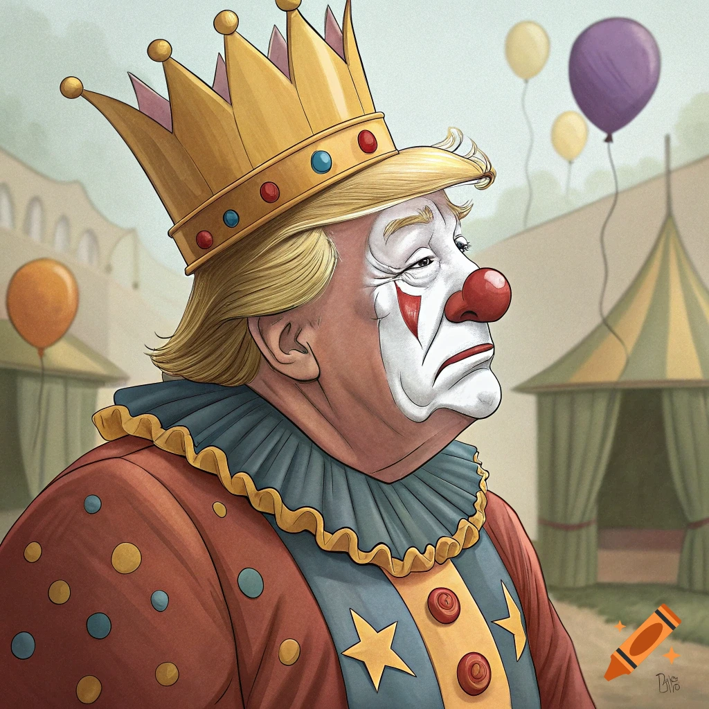 Cartoon style caricature of a sad clown wearing a crown in a circus setting.