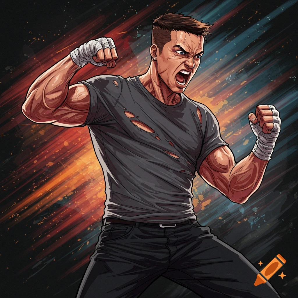Illustration of a man in a fighting pose with bandages on his hands.