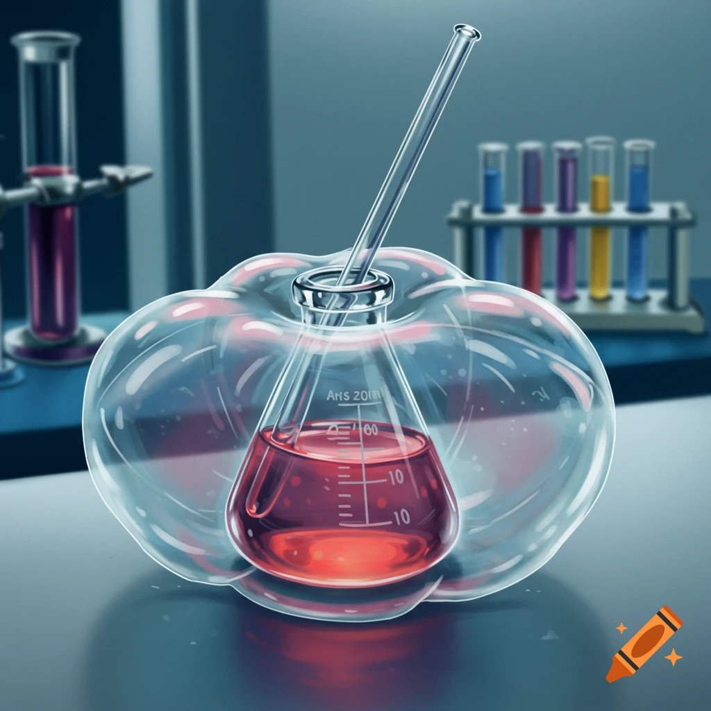 A flask with red liquid inside a bubble safety device in a science laboratory