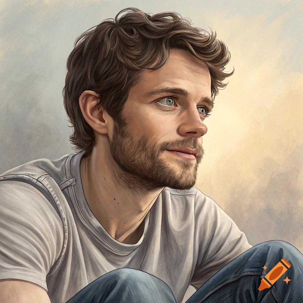 Digital painting of a man with curly brown hair and a beard looking to ...