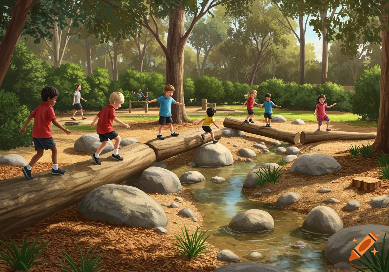 Diverse children play on logs and rocks near a stream in a sunny, natural park setting.