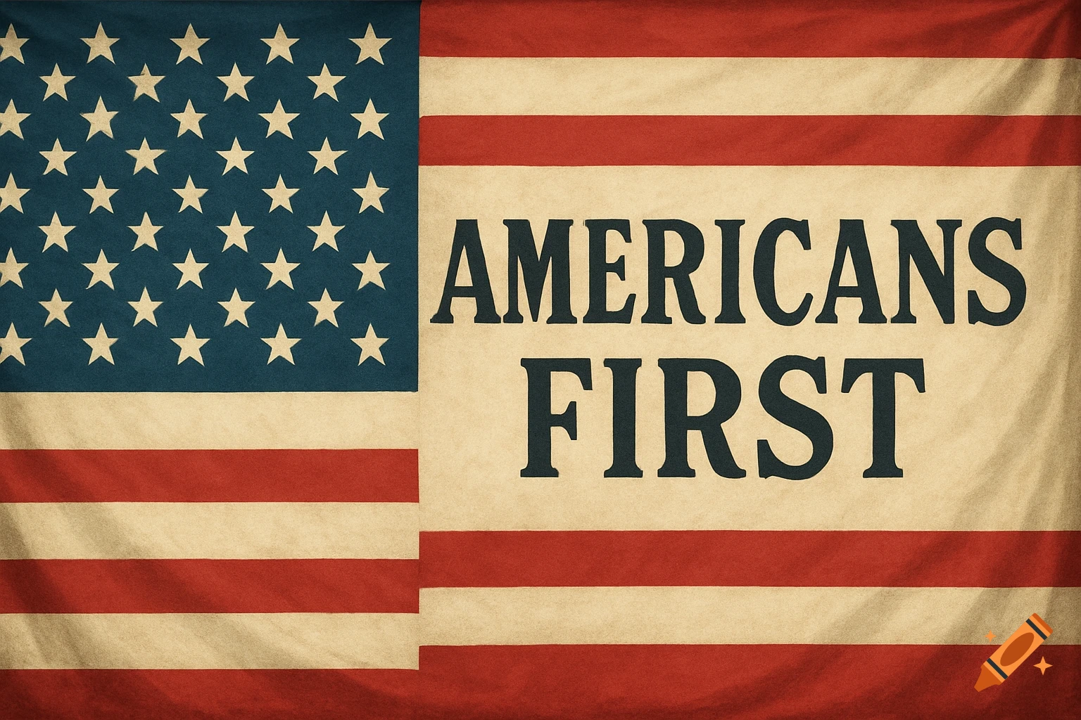 A distressed American flag with the words "AMERICANS FIRST" printed on it.