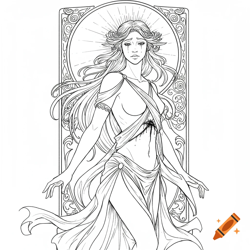 Wounded goddess figure in an Art Nouveau style line drawing
