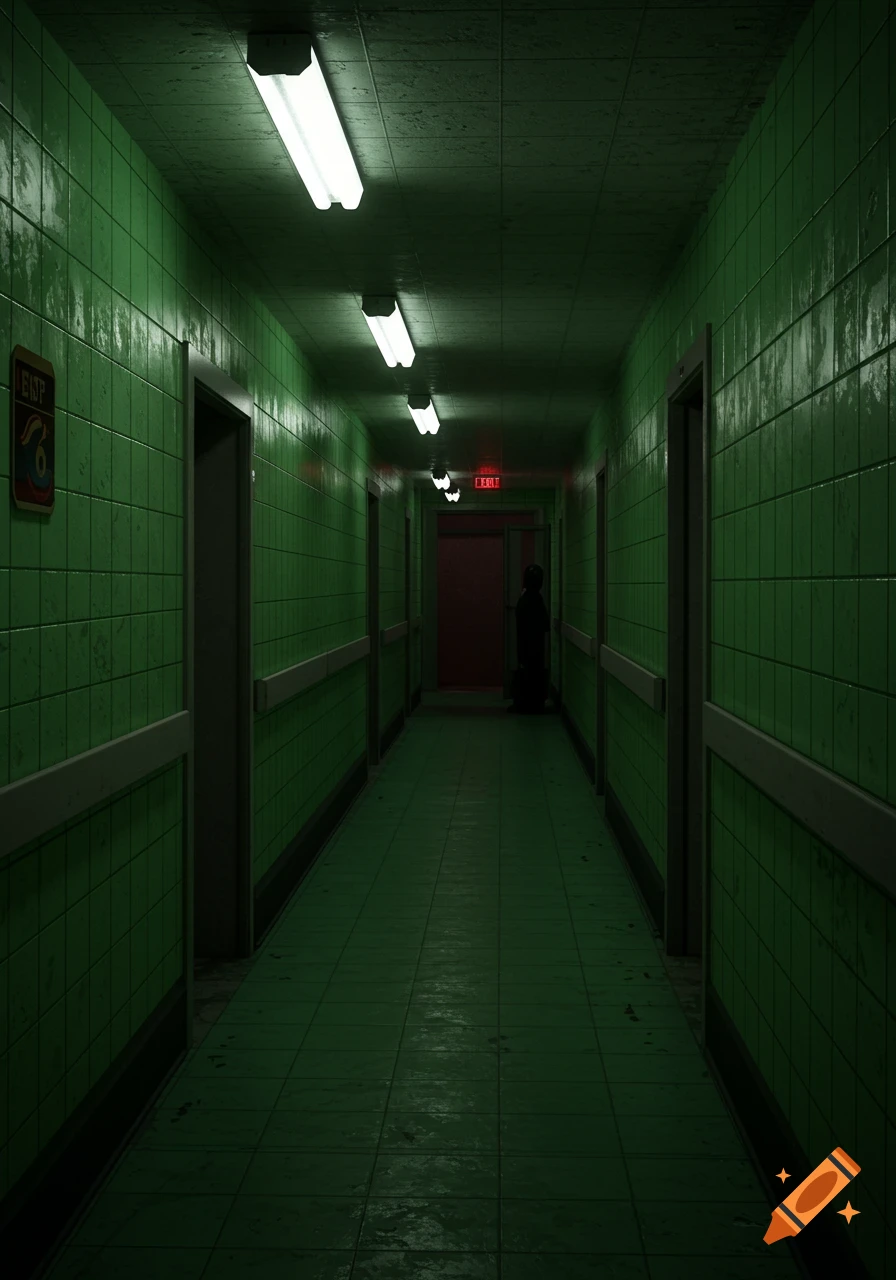 A long, dark hallway lined with green tiles, lit by fluorescent lights, with a figure standing in the distance near a red EXIT sign.