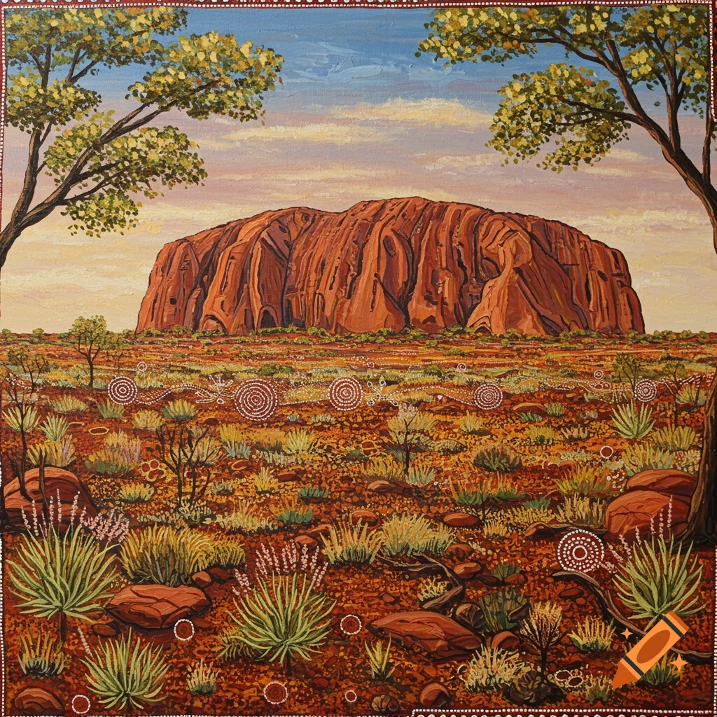 Painting of Uluru in a desert landscape with trees and traditional Indigenous Australian dot art elements.