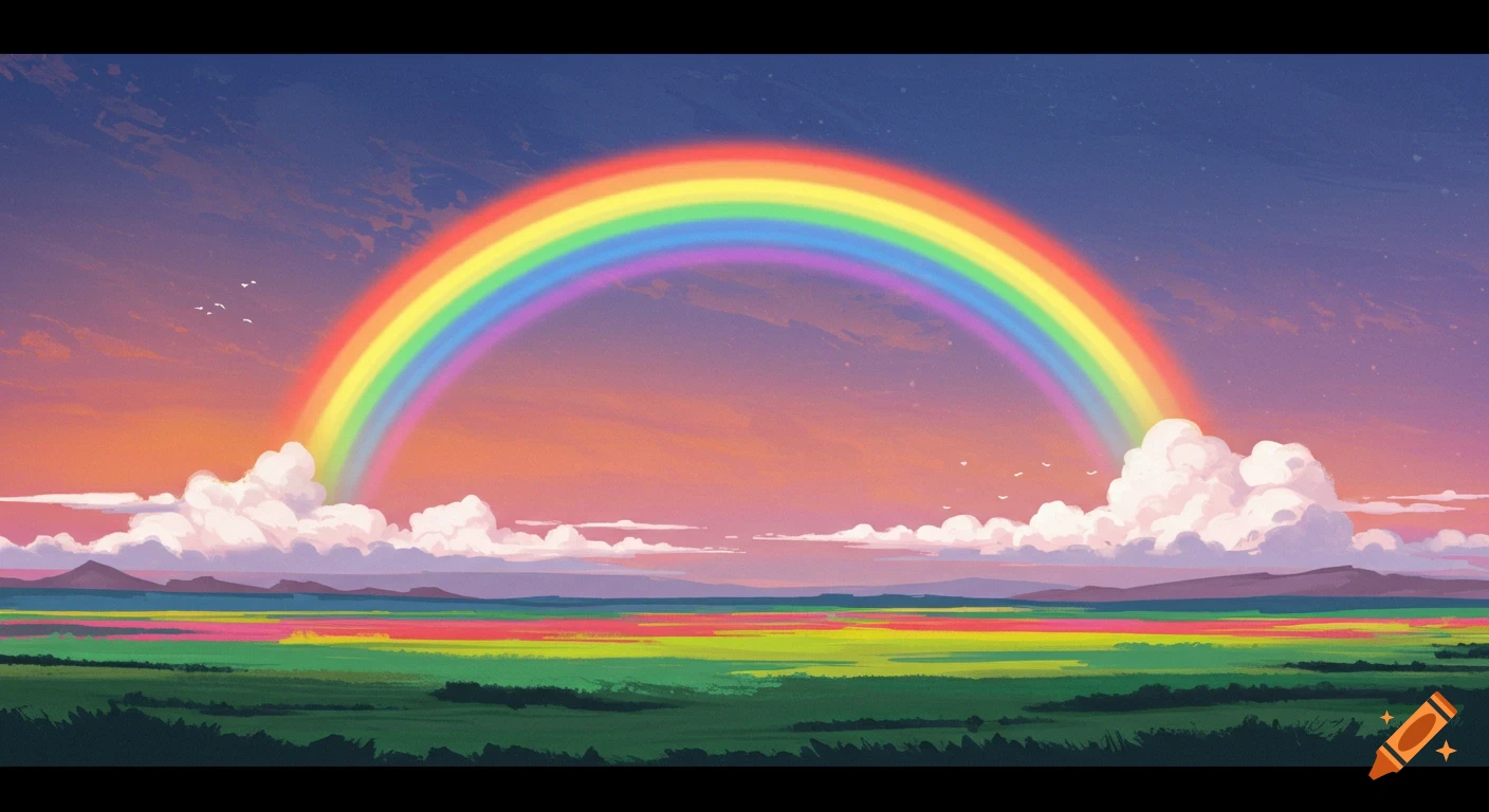 Vibrant rainbow arcs over a colorful landscape field at sunset.