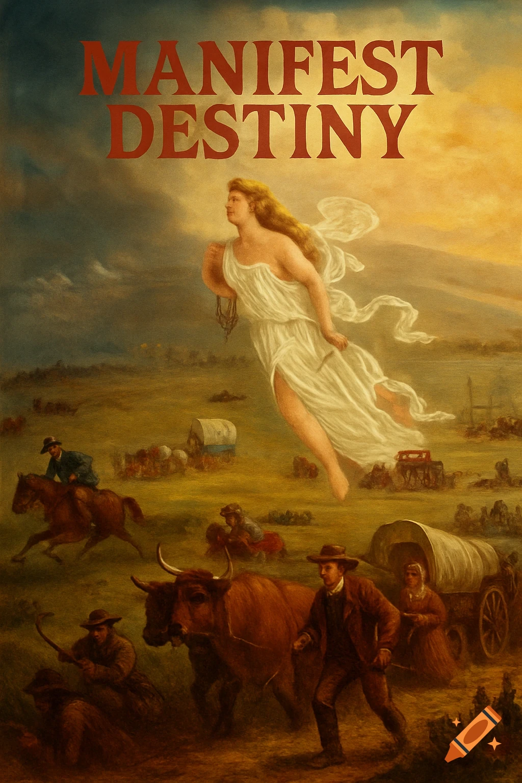 Painting showing a floating figure leading pioneers, wagons, and a bull across a landscape.