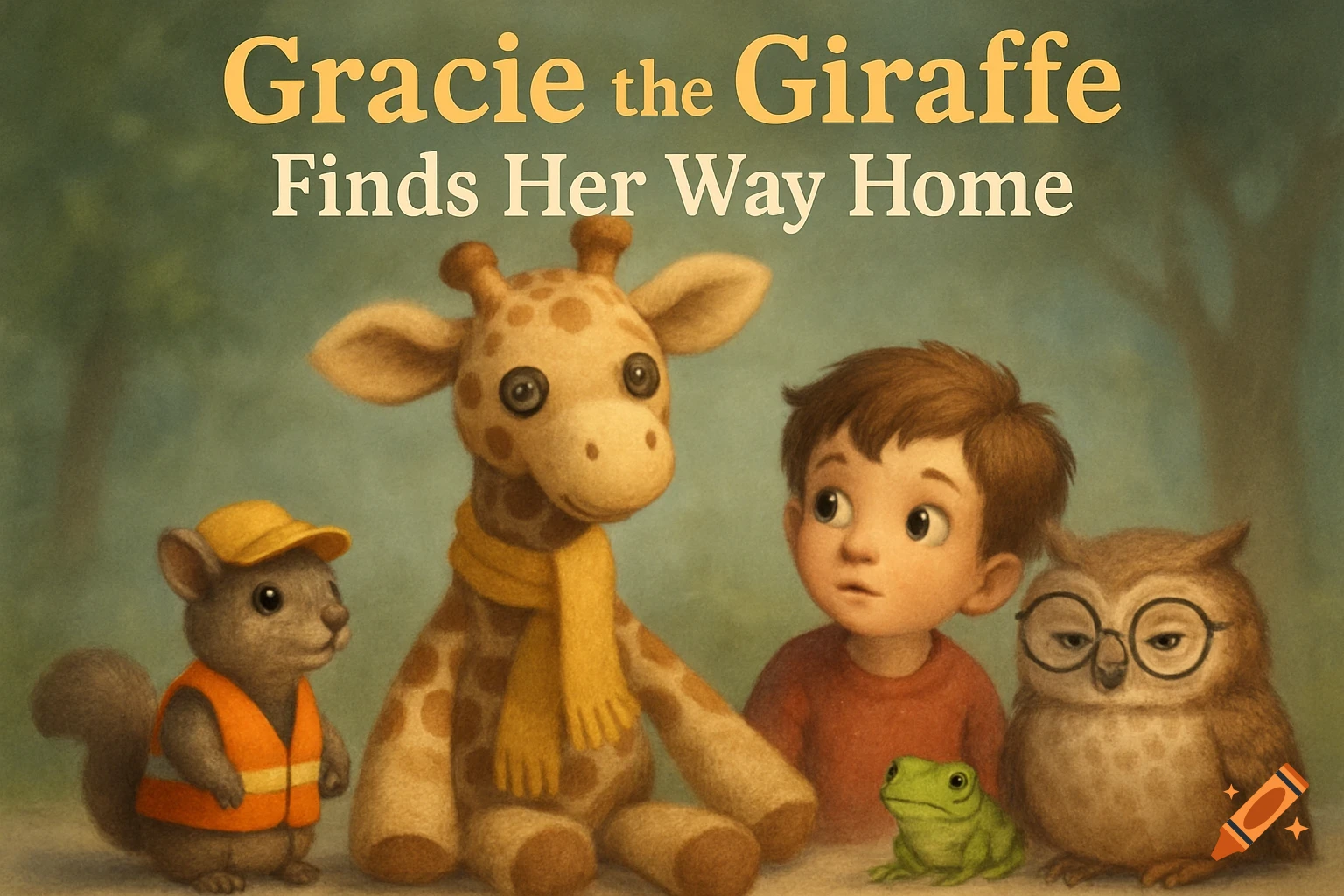 Storybook illustration of a boy, a stuffed giraffe, a squirrel, an owl, and a frog under the title 'Gracie the Giraffe Finds Her Way Home'.