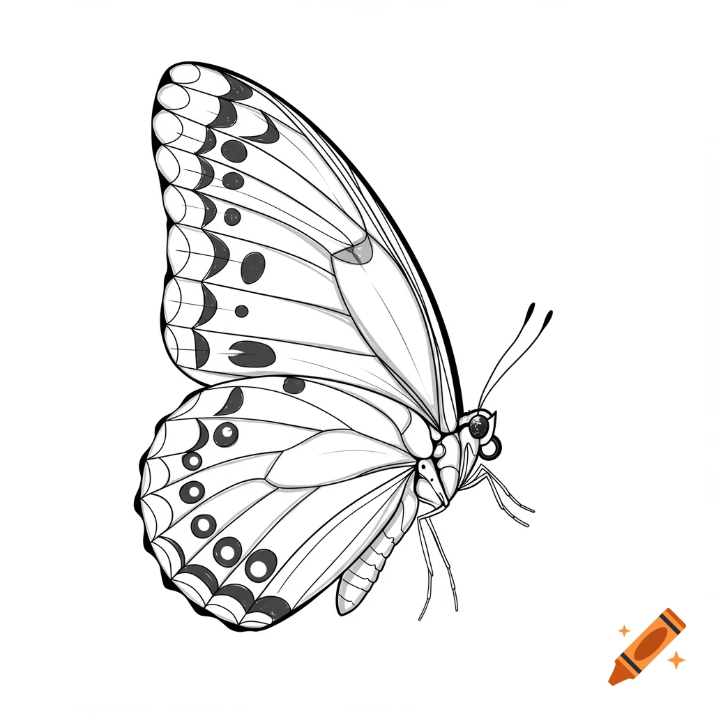 Black and white outline drawing of a butterfly.
